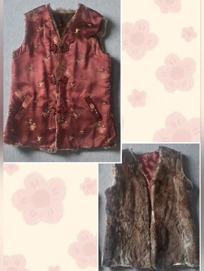 Vintage Chinese Deep Burgundy Reversible Floral Rabbit Fur Vest